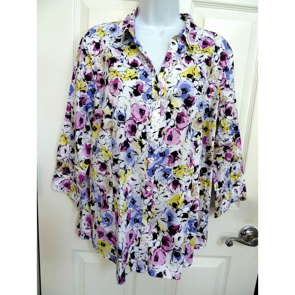 Dana Buchman XL Floral Blouse Colorful Cotton Garden Career 3/4 Sleeve Top